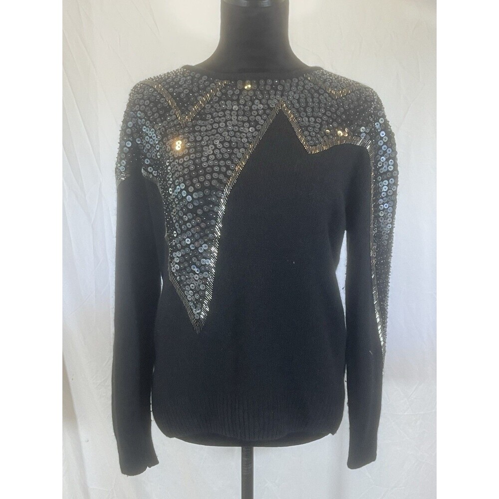 Vtg 80s Le Chois Silk Angora Blend Sequin Sweater Black Whimsigoth Dark Fairy M